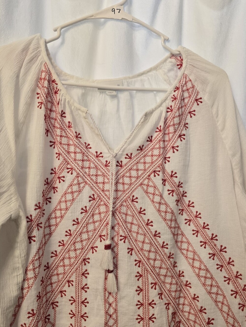 J Jill Boho Embroidered V-Neck Peasant Top in White with Red Stitching Size Xl - Picture 5 of 10